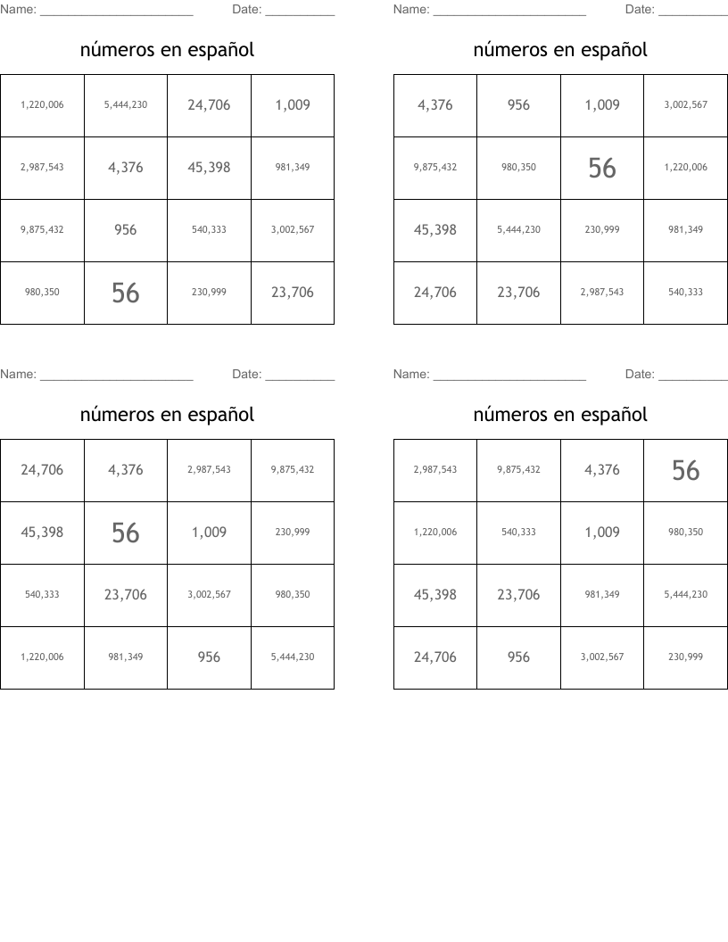 números en español Bingo Cards
