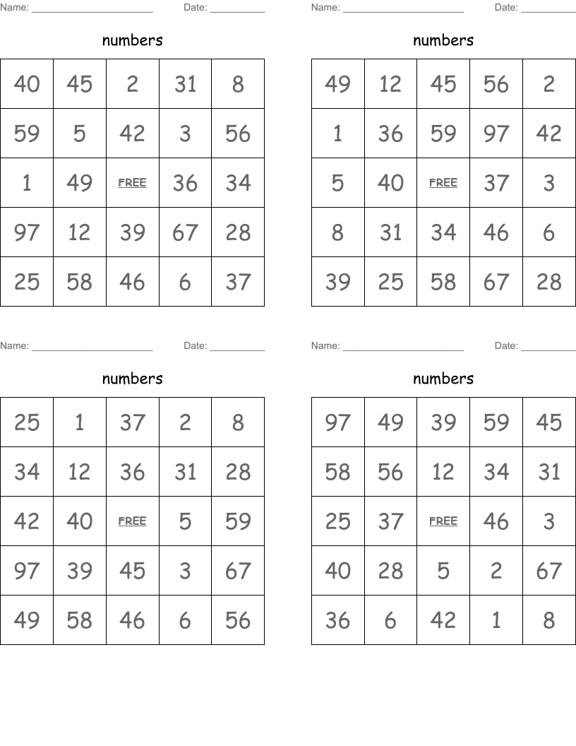 numbers Bingo Cards WordMint