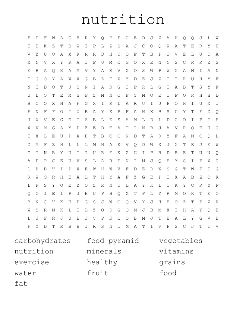Nutrition Word Search WordMint