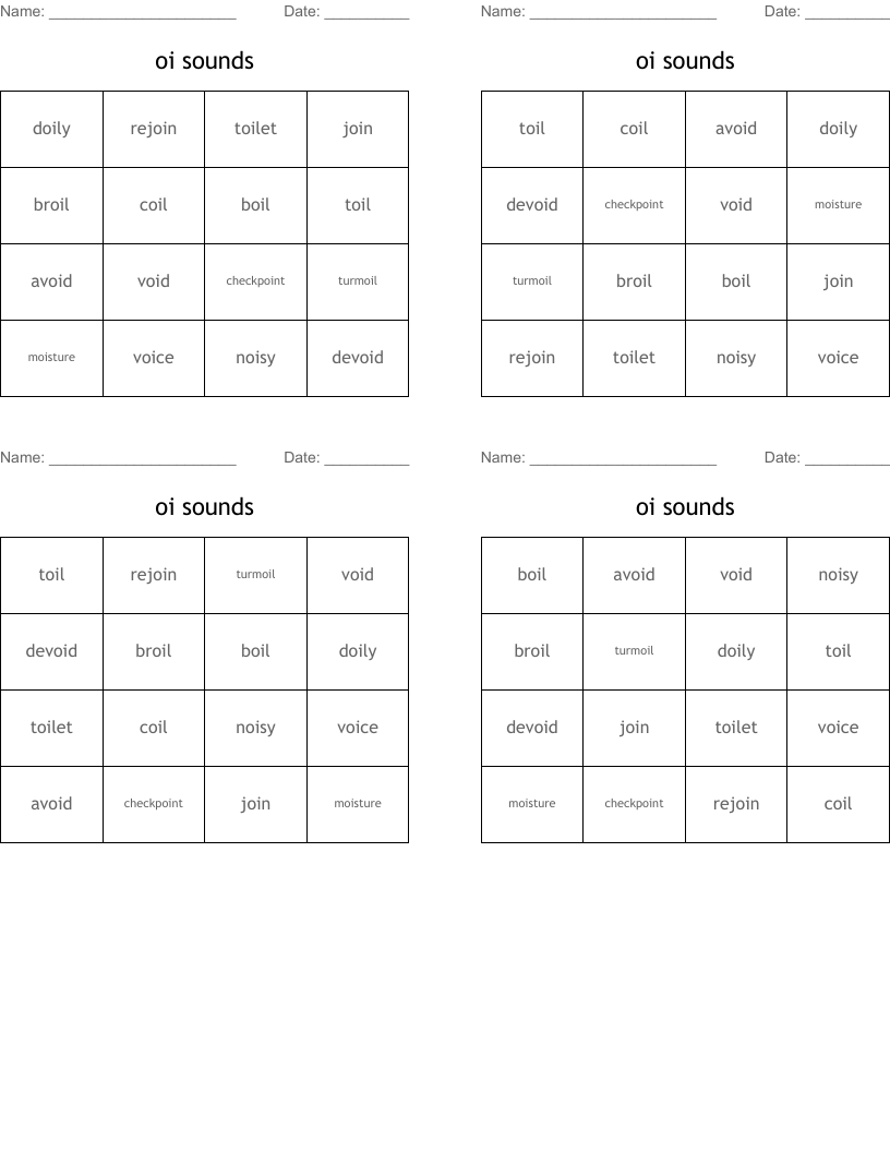oi sounds Bingo Cards