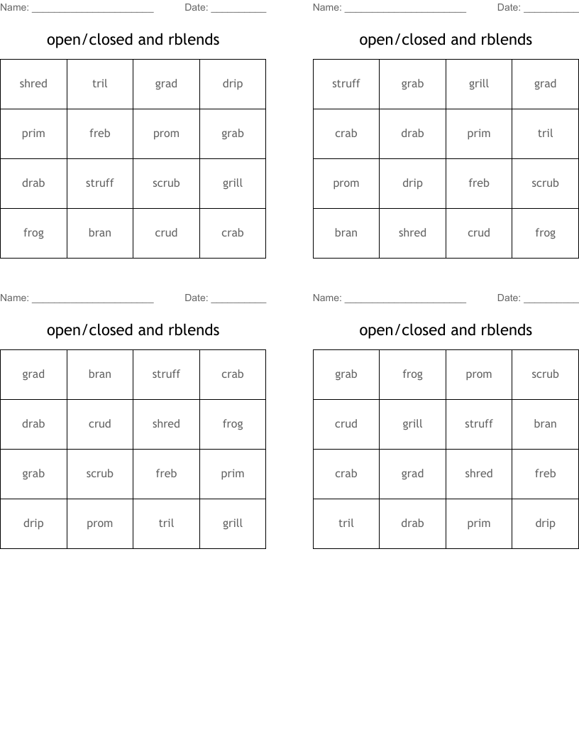 open/closed and rblends Bingo Cards
