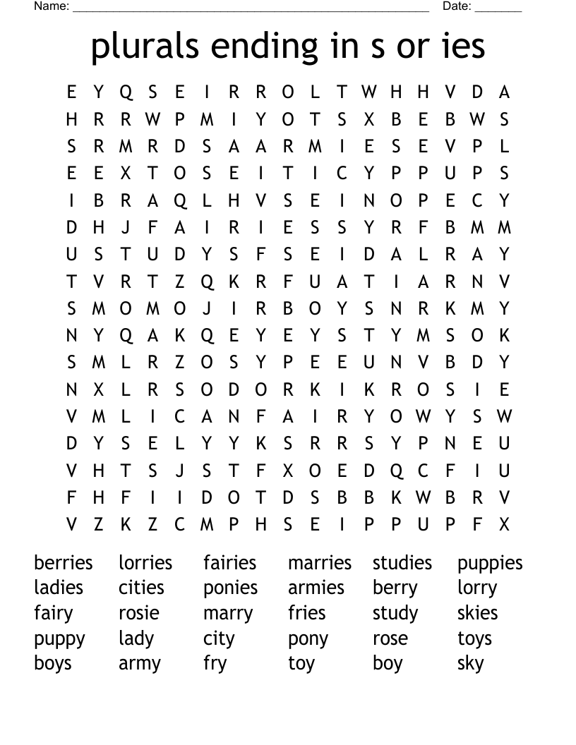 plurals ending in s or ies Word Search