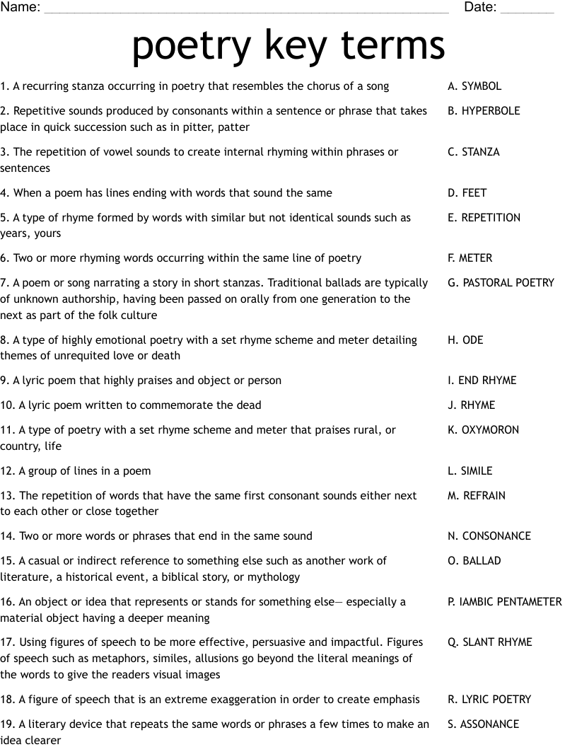 poetry key terms Worksheet - WordMint