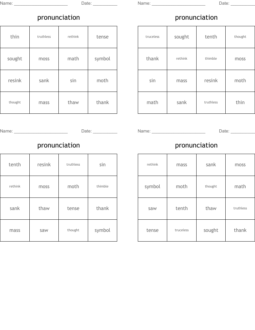 pronunciation Bingo Cards