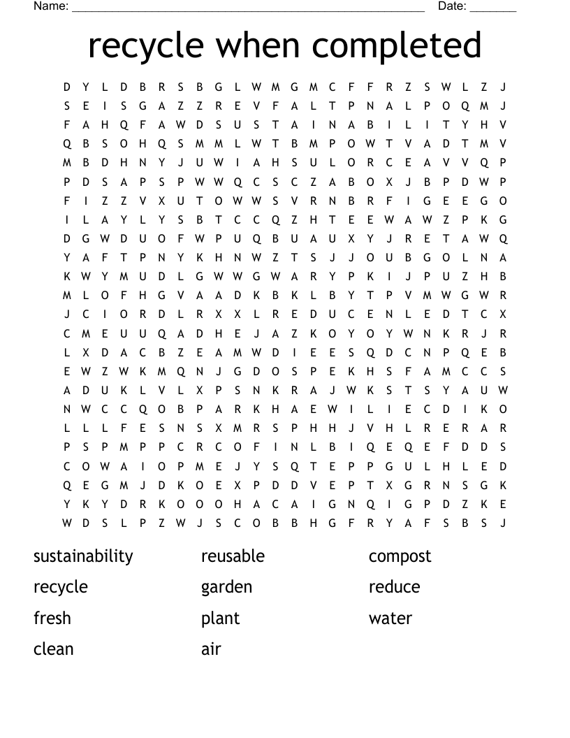 recycle when completed Word Search