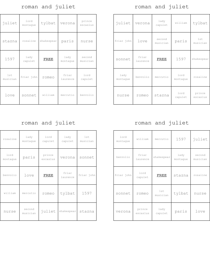 roman and juliet Bingo Cards