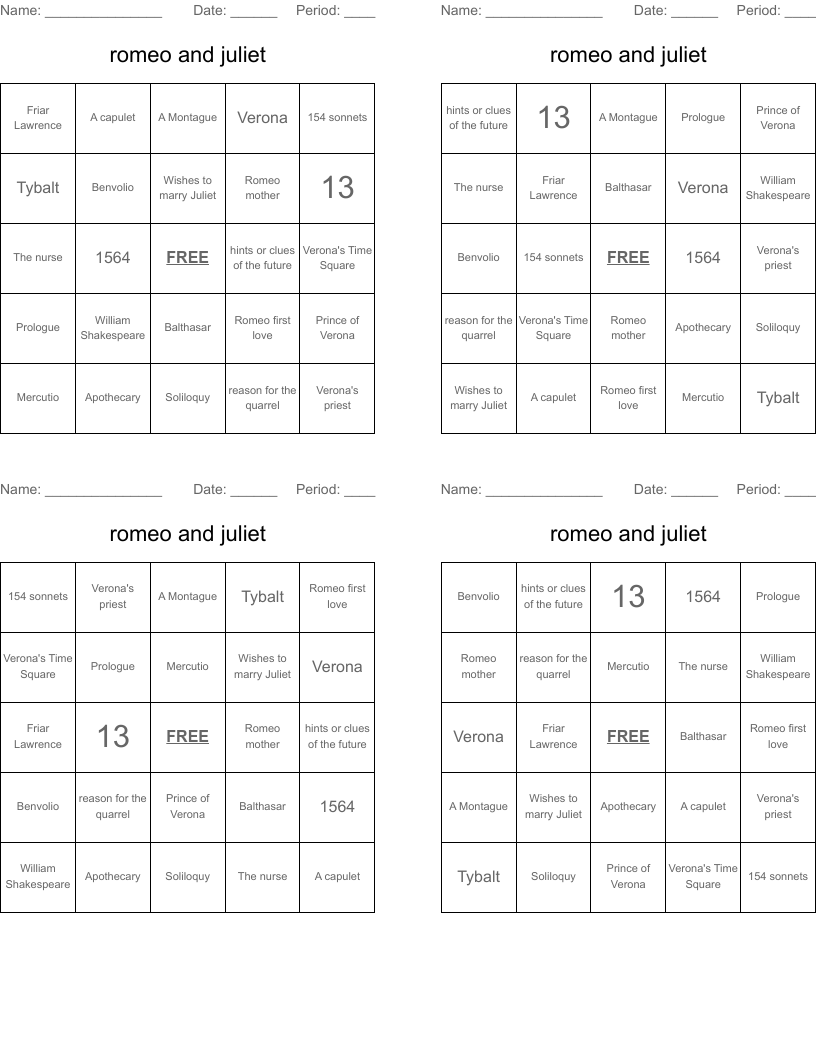 romeo and juliet Bingo Cards