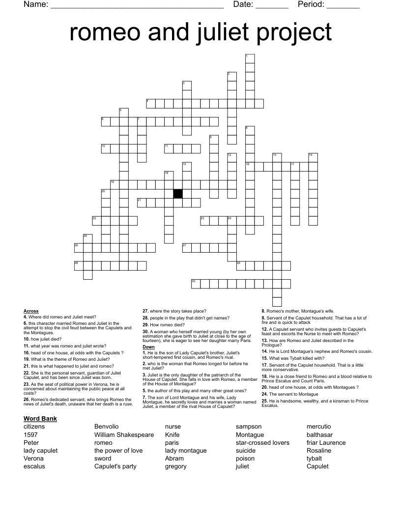romeo and juliet project Crossword