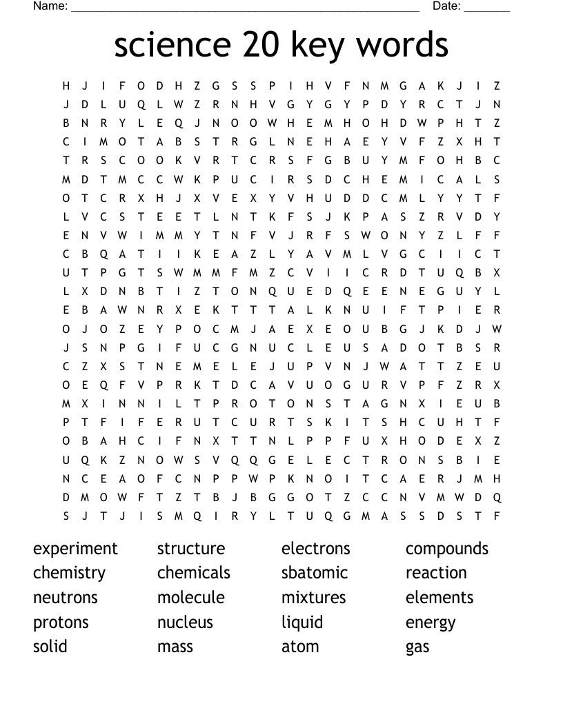 Science 20 Key Words Word Search WordMint