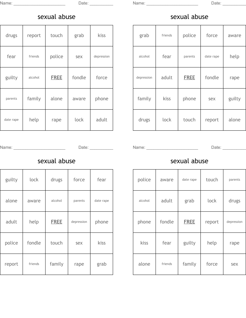 sexual abuse Bingo Cards