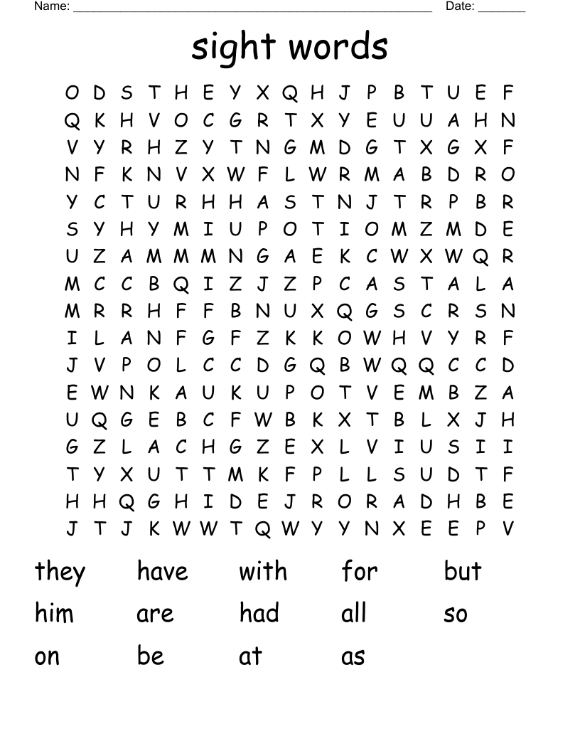 sight words Word Search