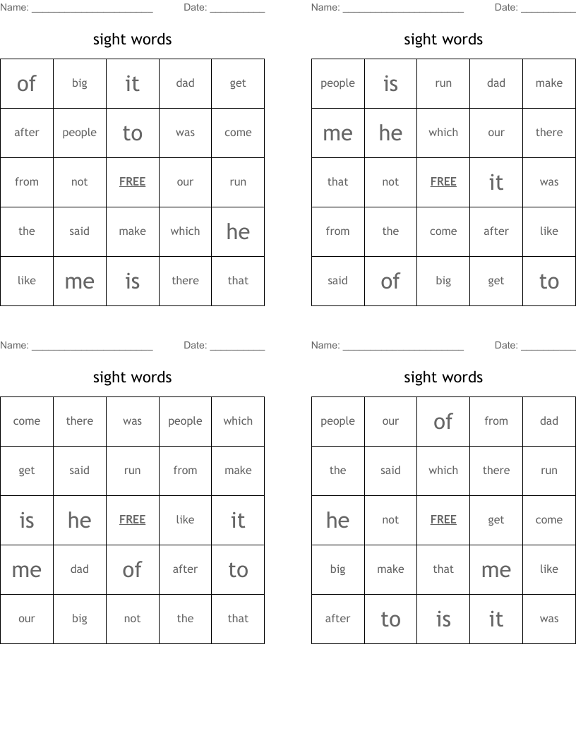sight words Bingo Cards