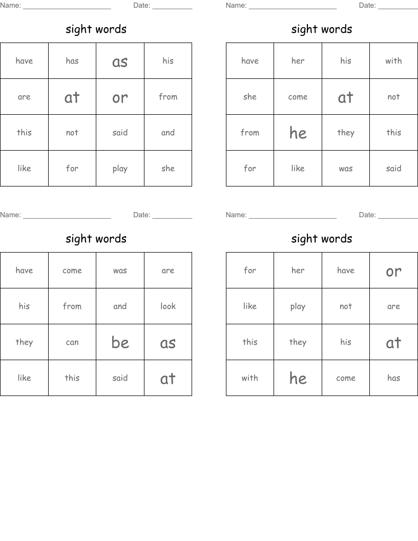 sight words Bingo Cards