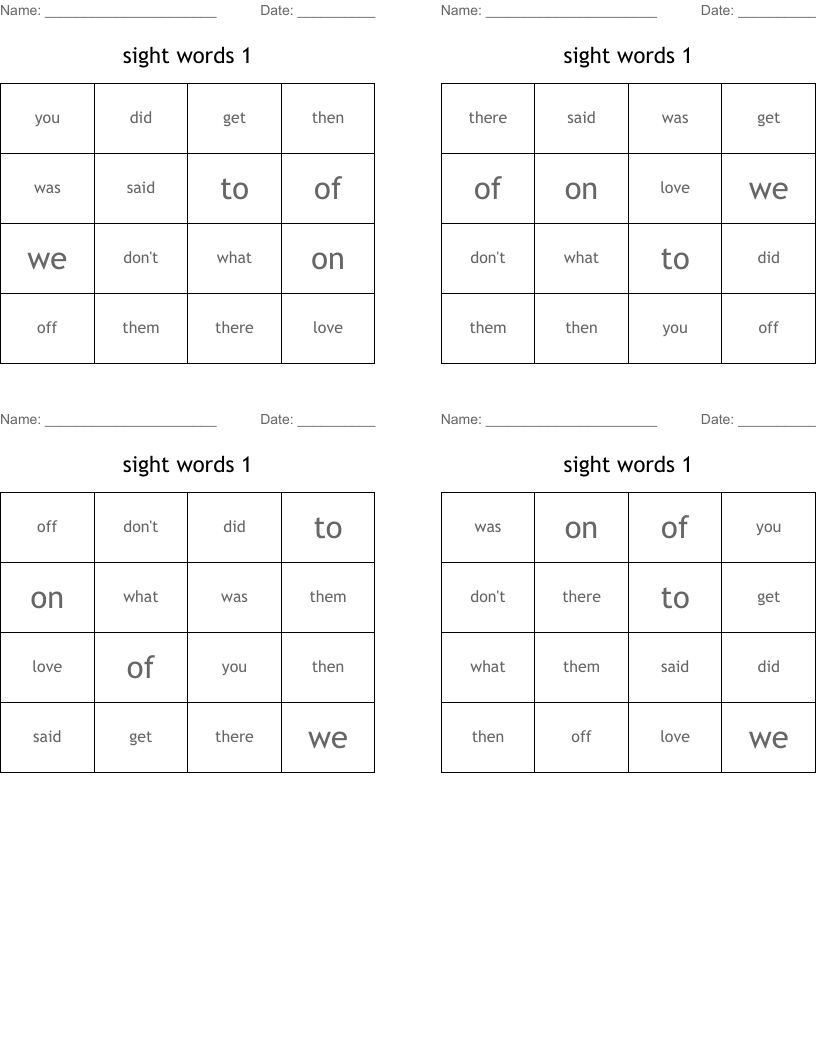 sight words 1 Bingo Cards