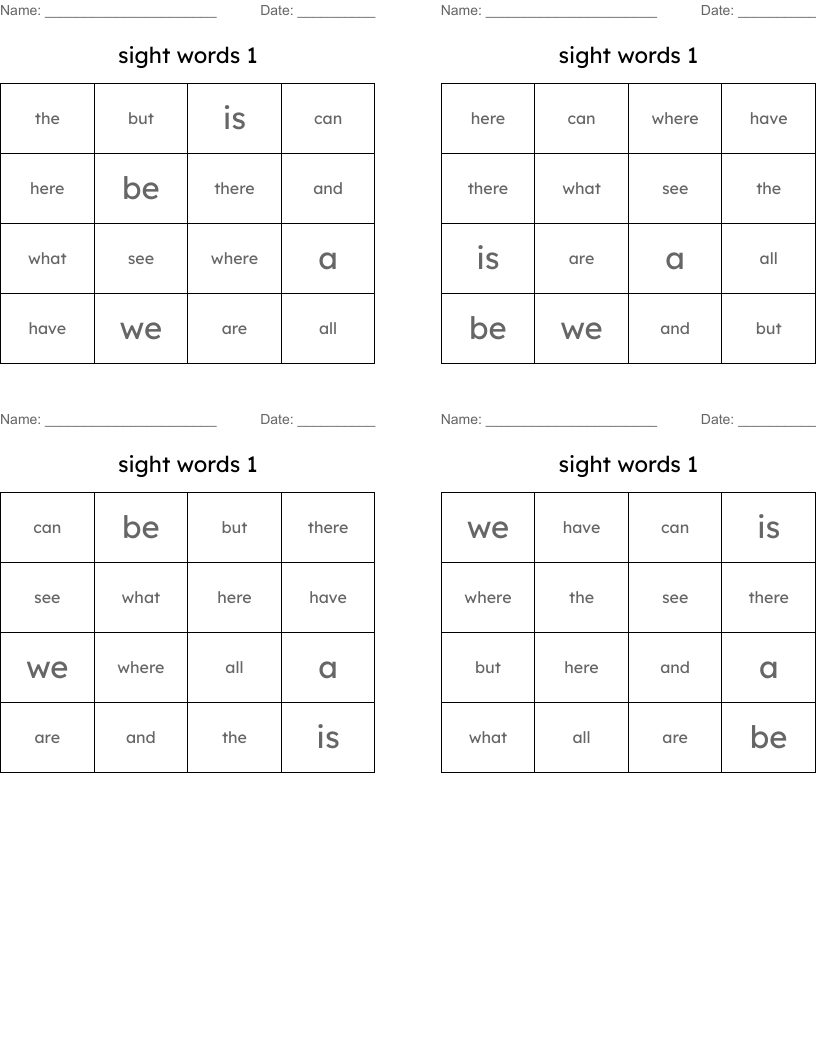 sight words 1 Bingo Cards