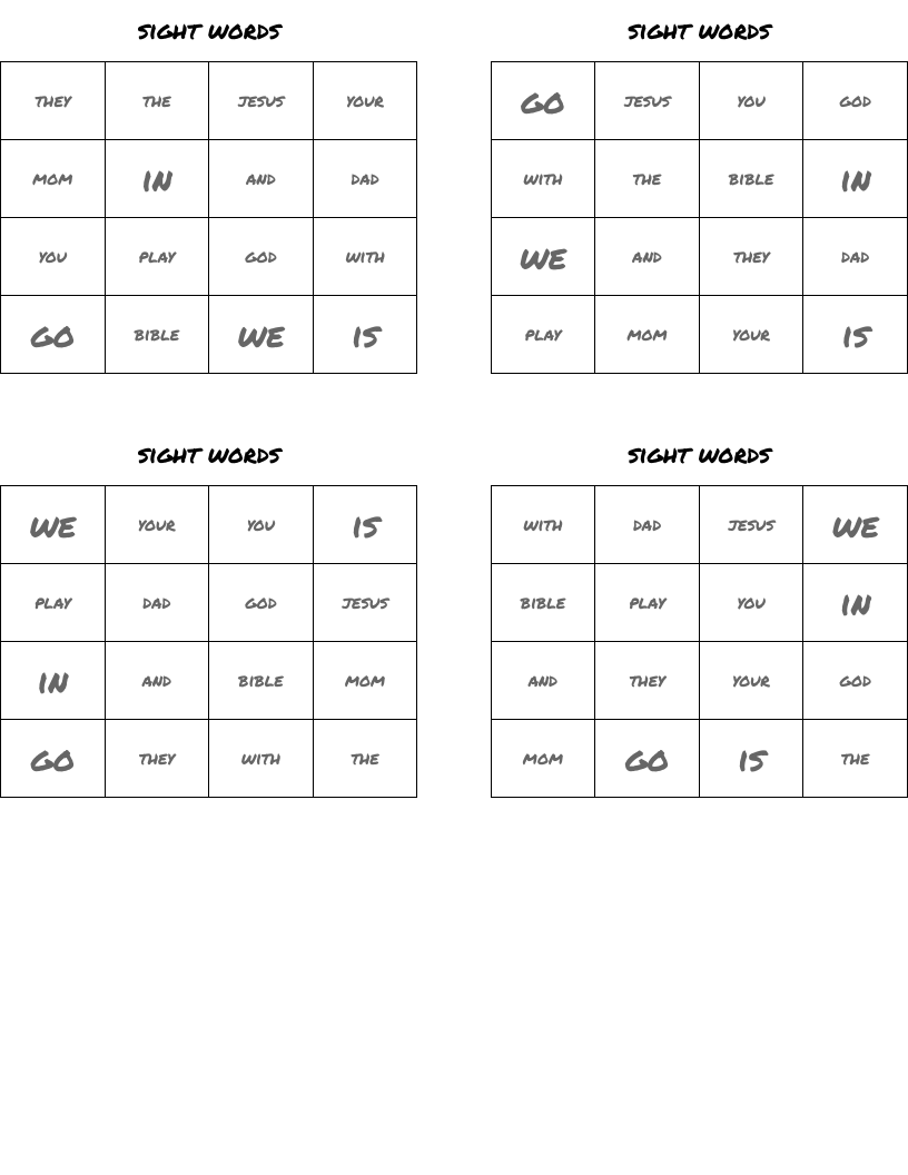 sight words Bingo Cards