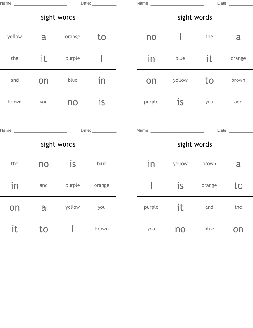 sight words Bingo Cards