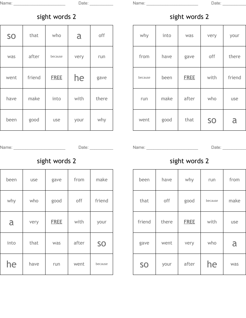 sight words 2 Bingo Cards