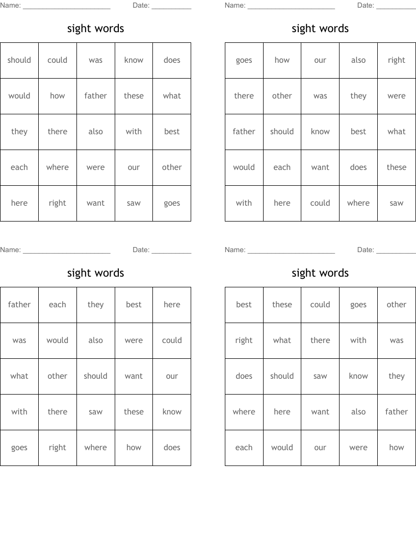 sight words Bingo Cards