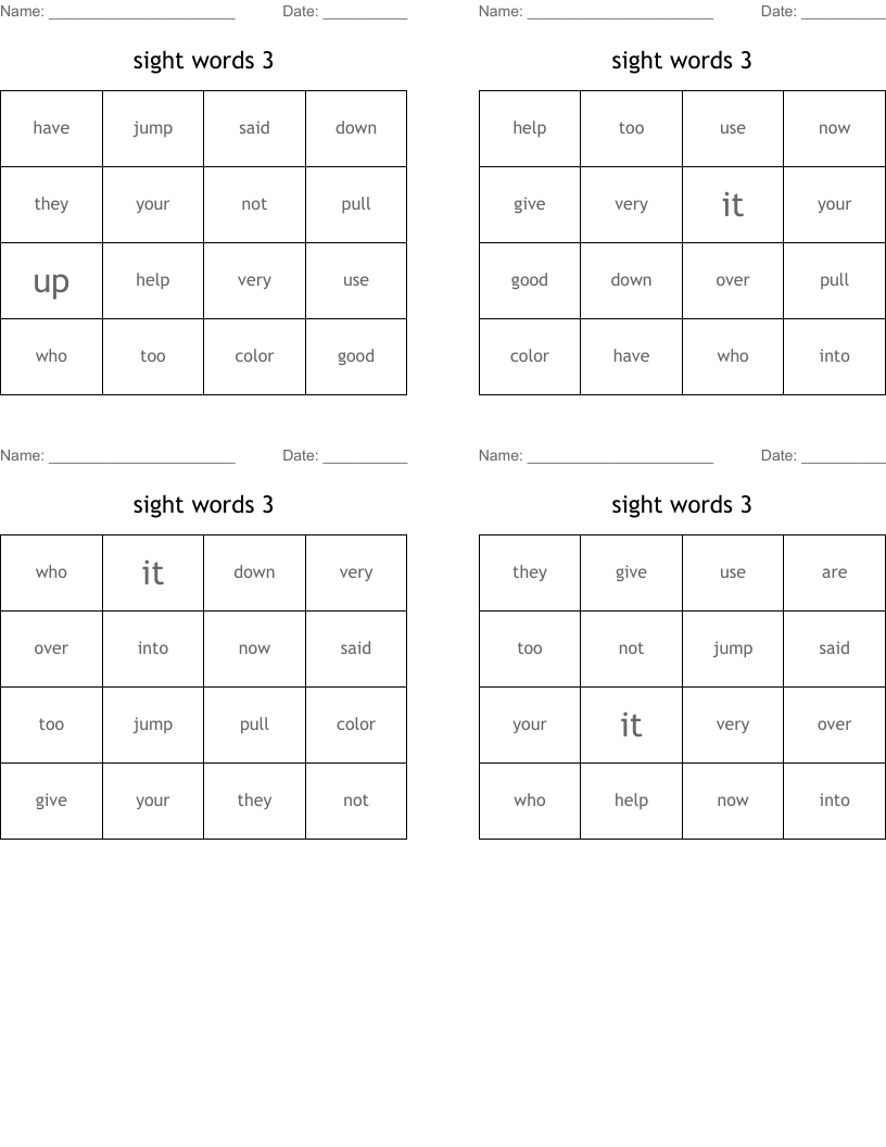 sight words 3 Bingo Cards