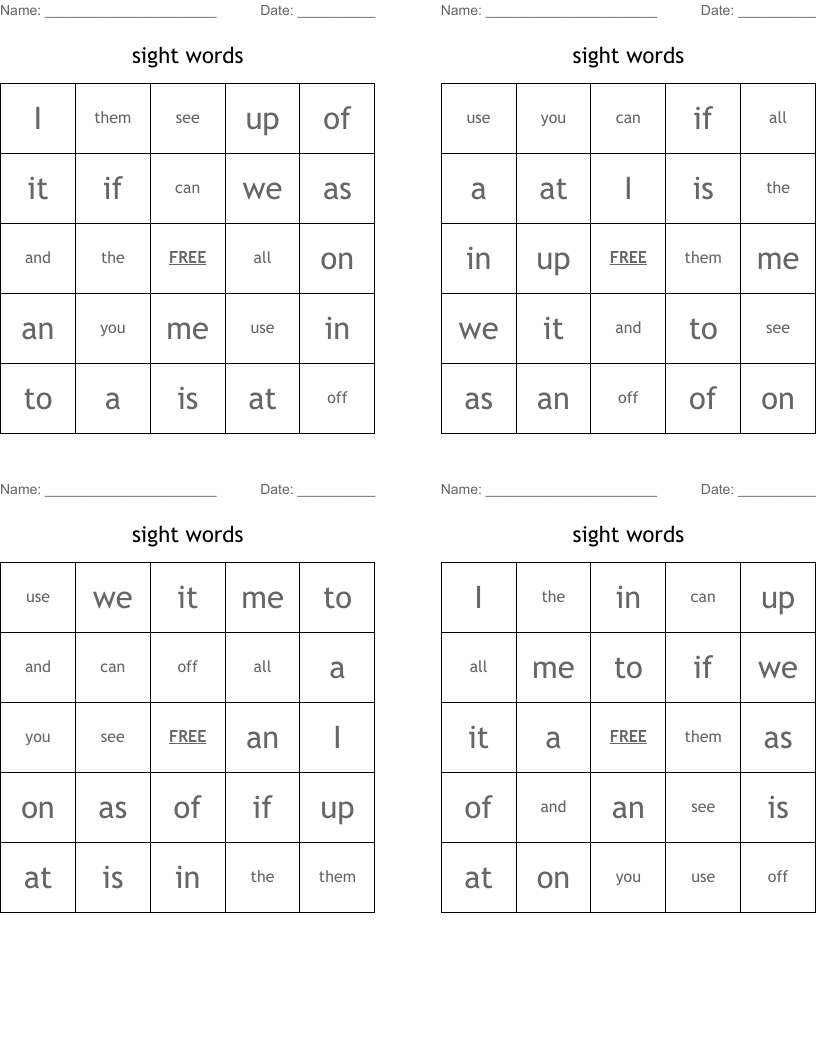 sight words Bingo Cards