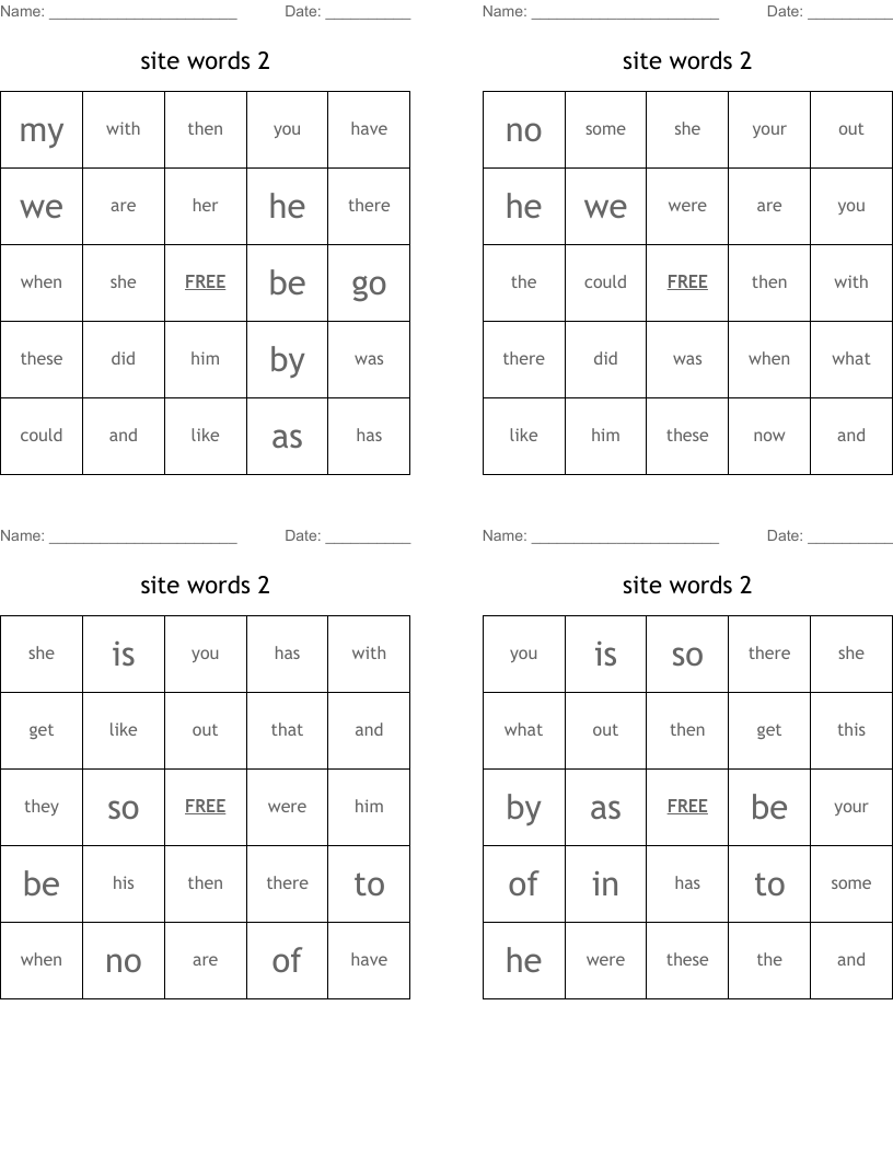 site words 2 Bingo Cards