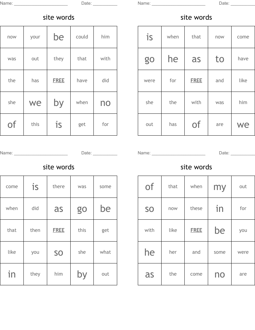 site words Bingo Cards
