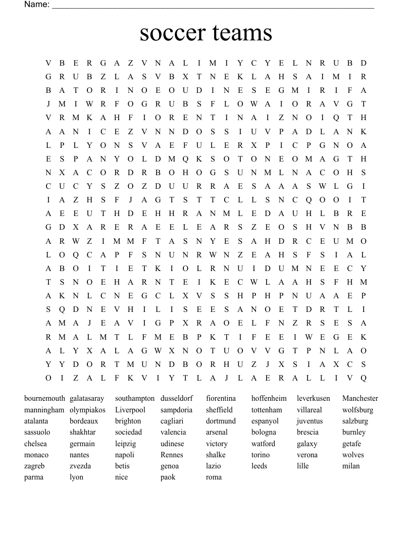 Soccer Teams Word Search WordMint