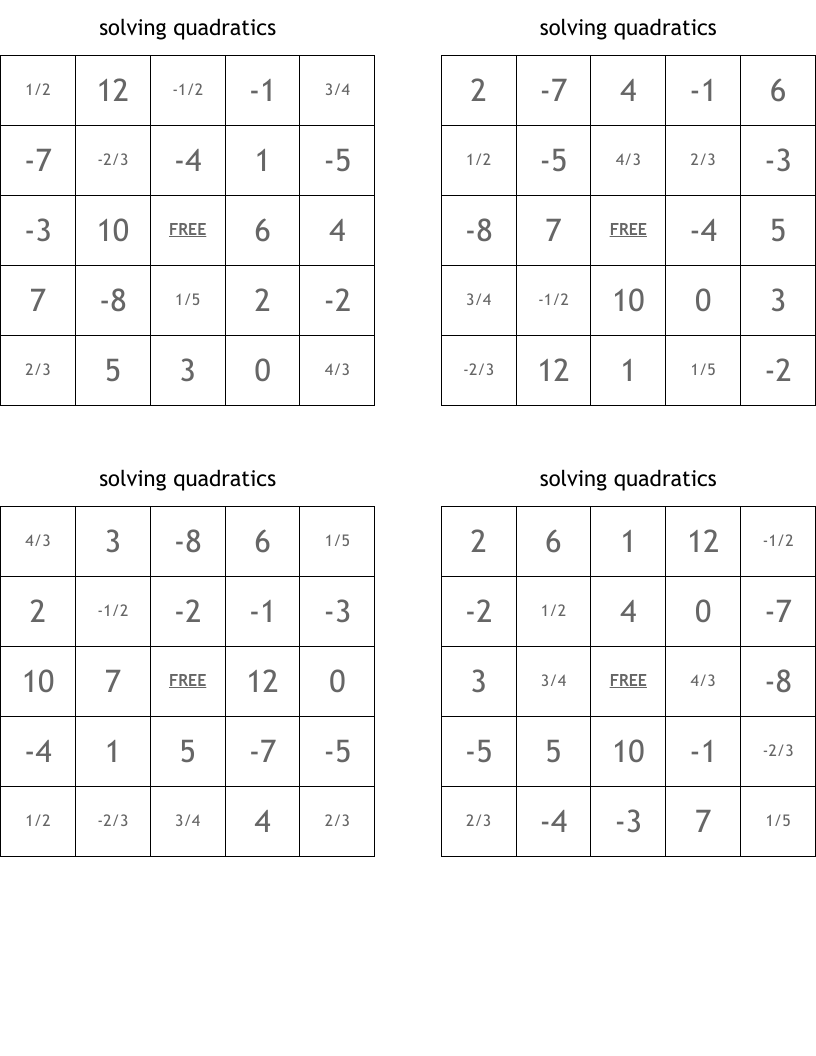solving quadratics Bingo Cards