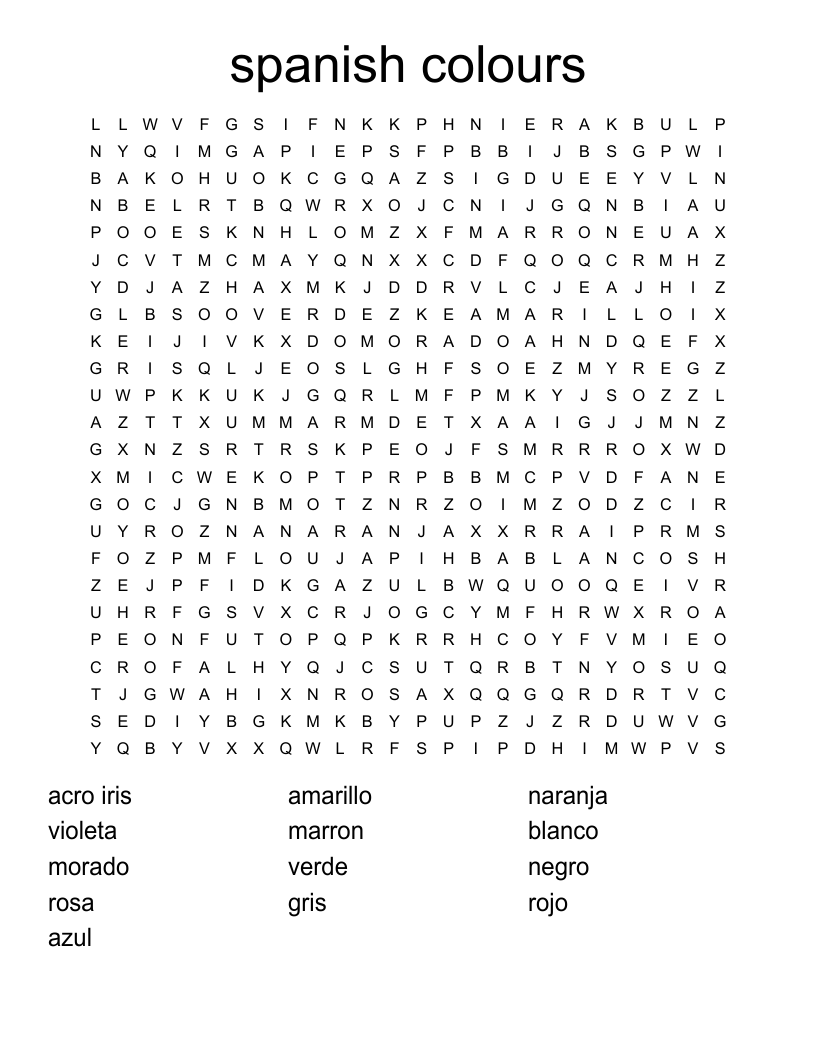 Spanish Colours Word Search WordMint