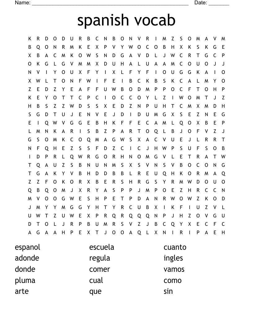 spanish vocab Word Search