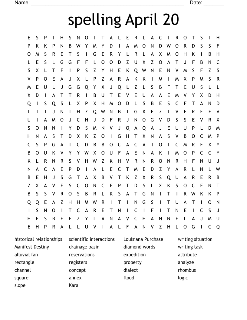 spelling April 20 Word Search