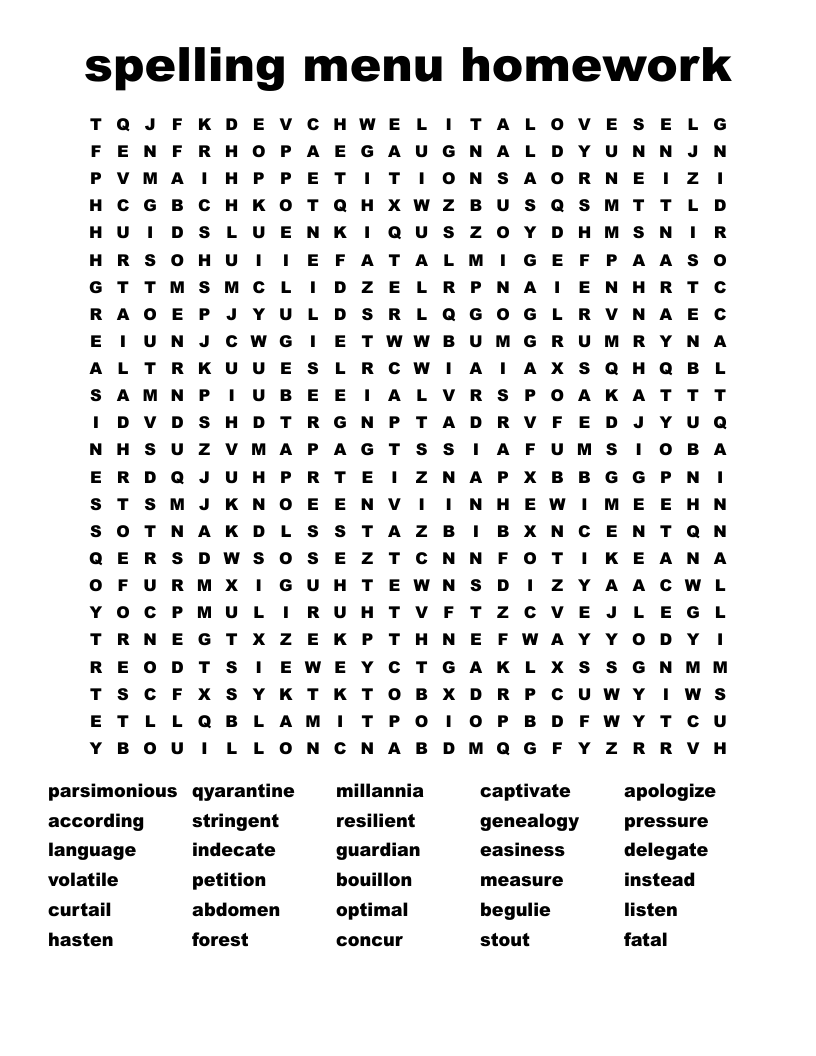 spelling menu homework Word Search WordMint