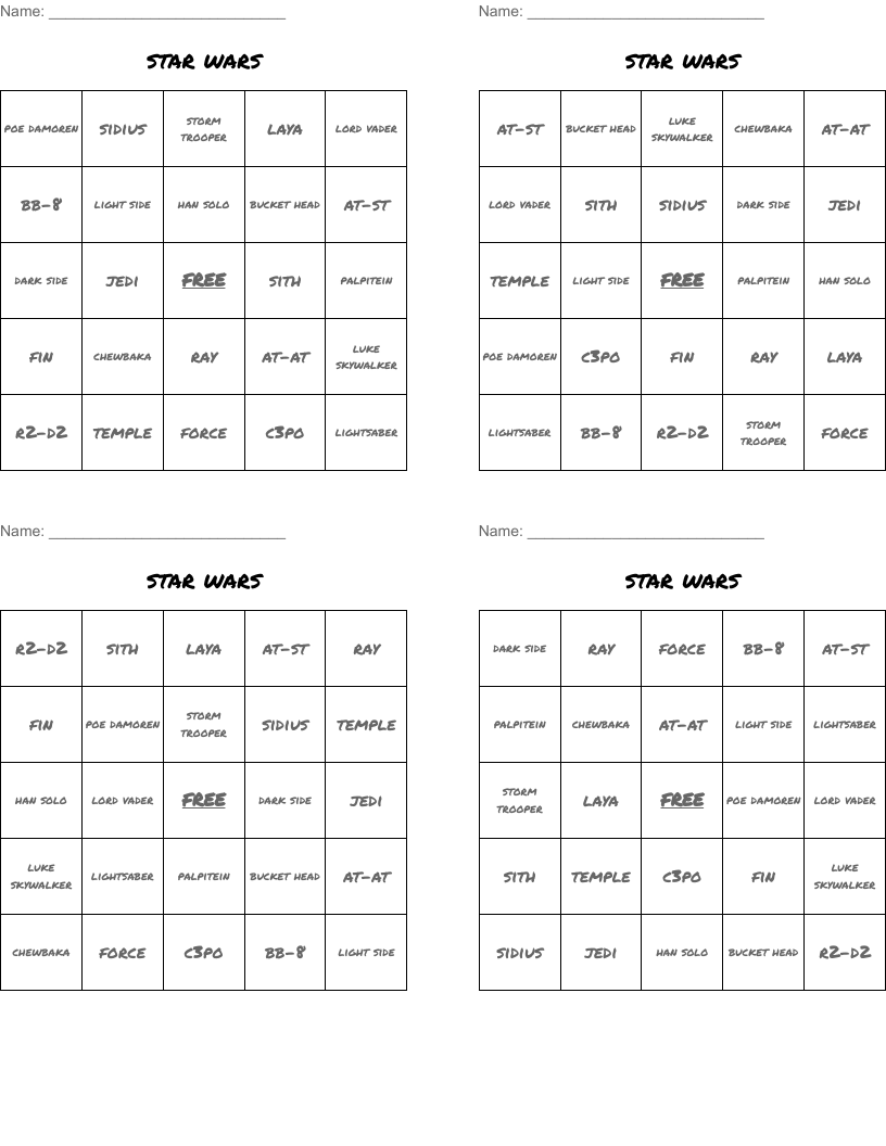 star wars Bingo Cards