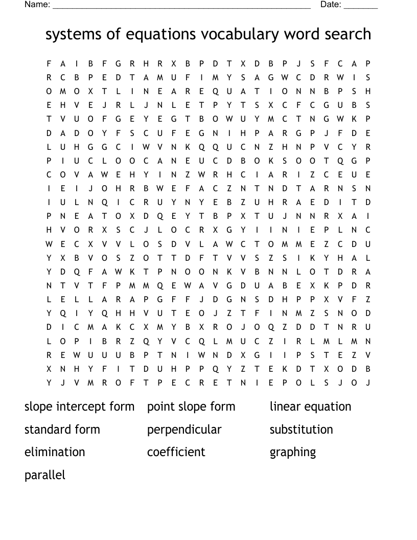 systems of equations vocabulary word search 