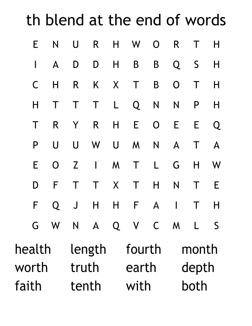 th blend at the end of words Word Search