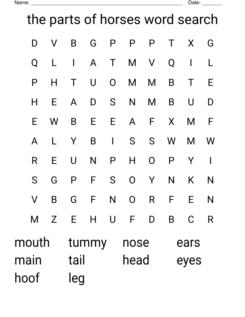 the parts of horses word search 