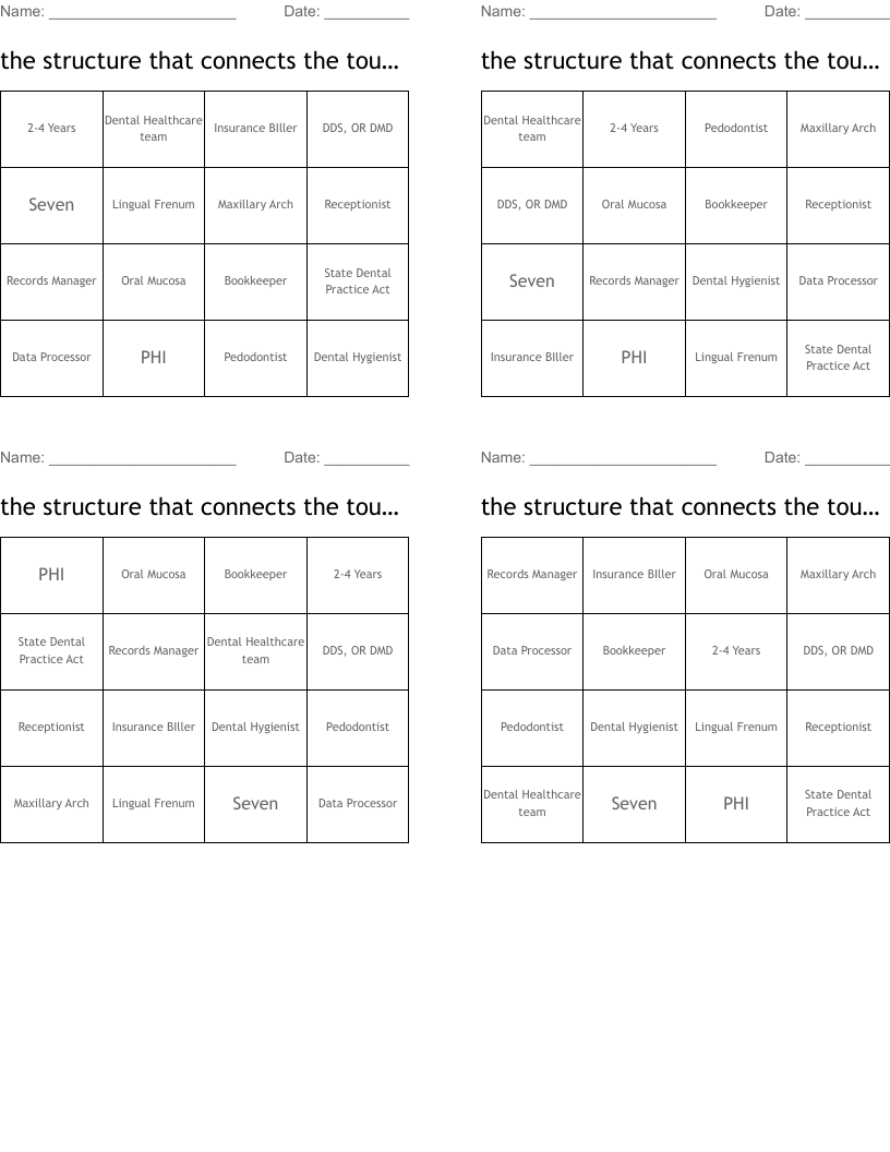 the structure that connects the tounge to the floor of the mouth Bingo Cards