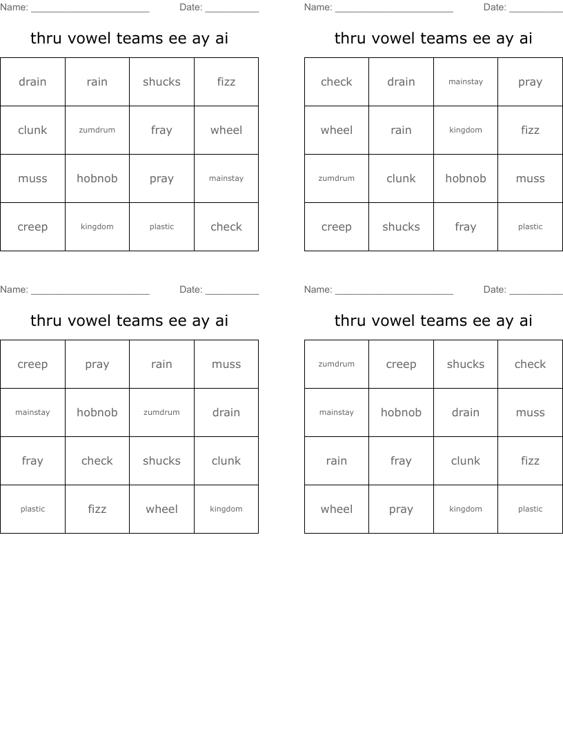 thru vowel teams ee ay ai  Bingo Cards