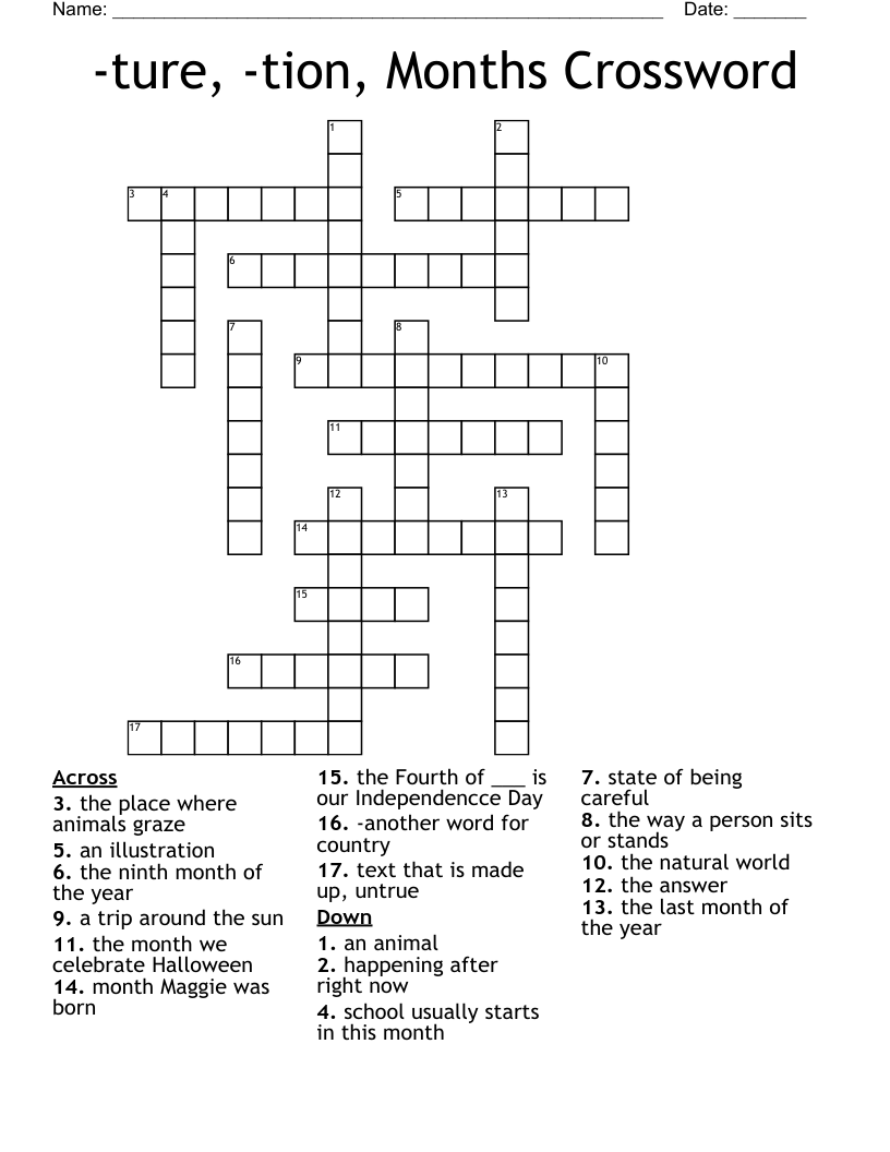 -ture, -tion, Months Crossword
