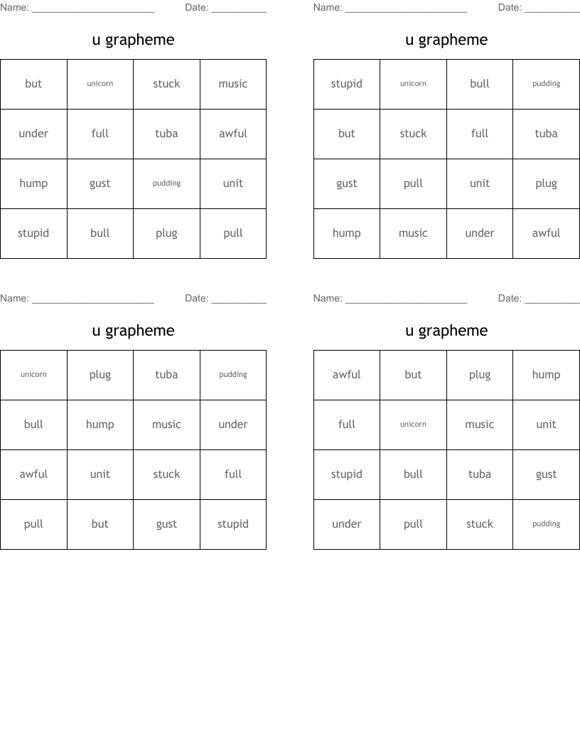 u grapheme Bingo Cards