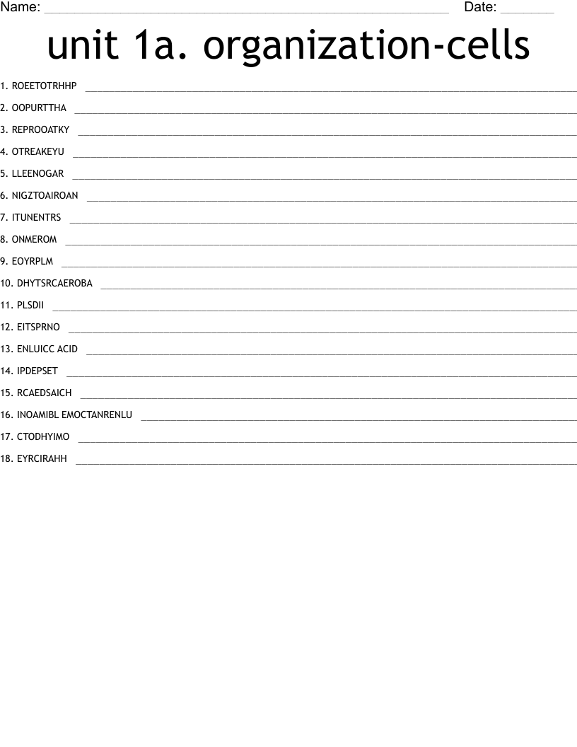 unit 1a. organization-cells Word Scramble