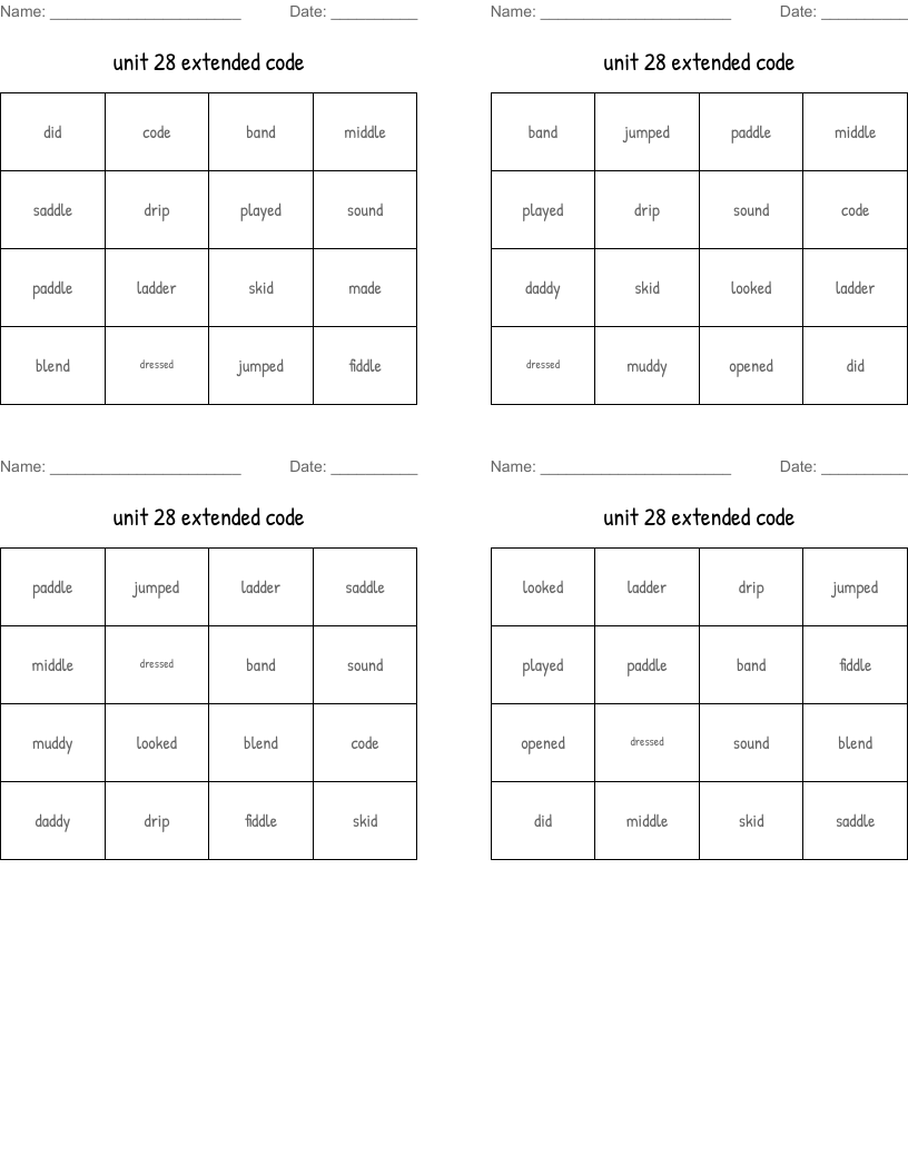unit 28 extended code Bingo Cards