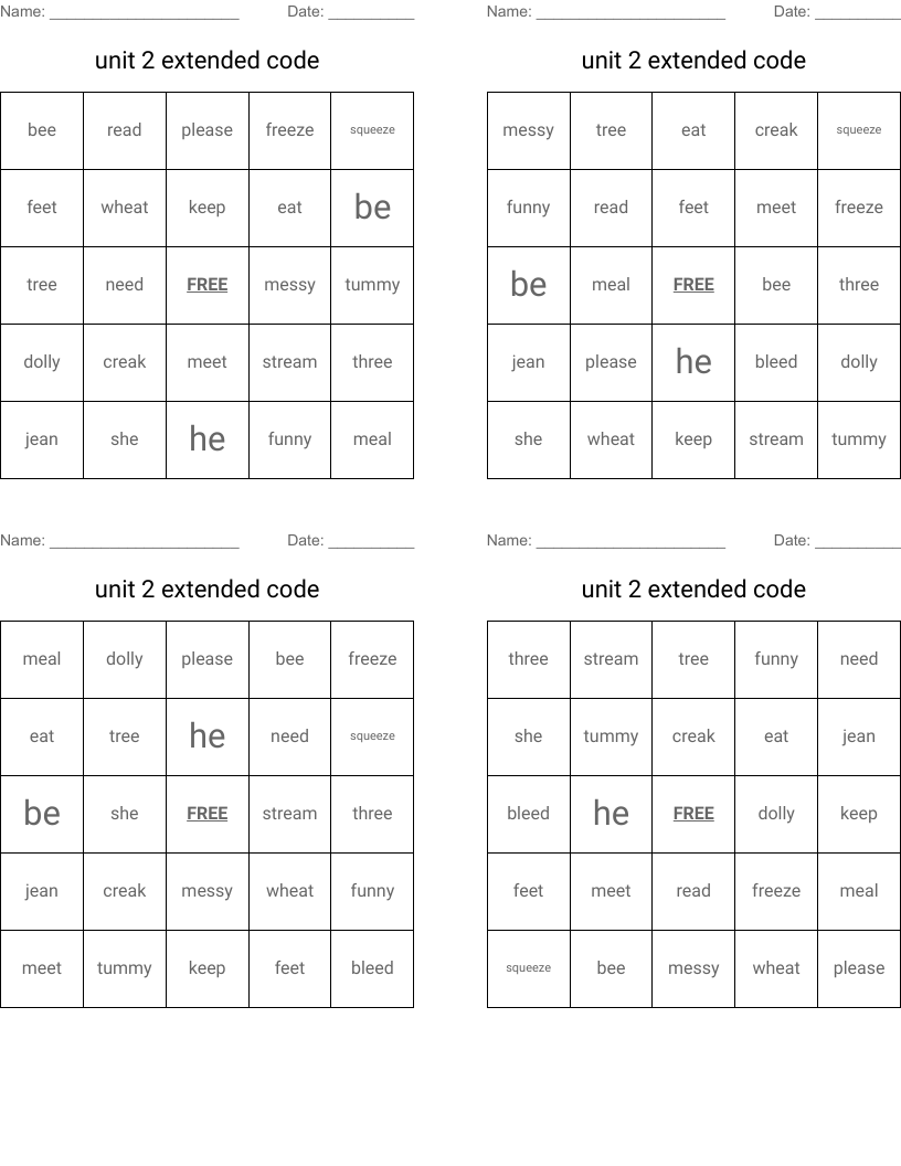 unit 2 extended code Bingo Cards