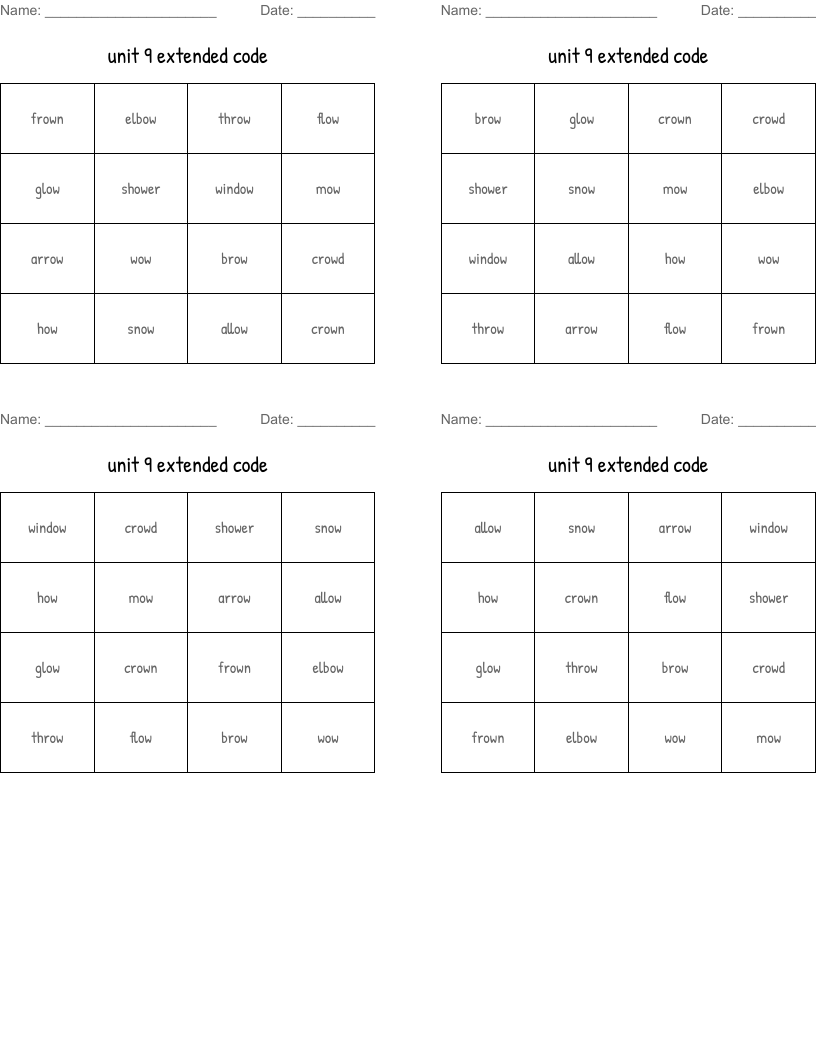 unit 9 extended code Bingo Cards