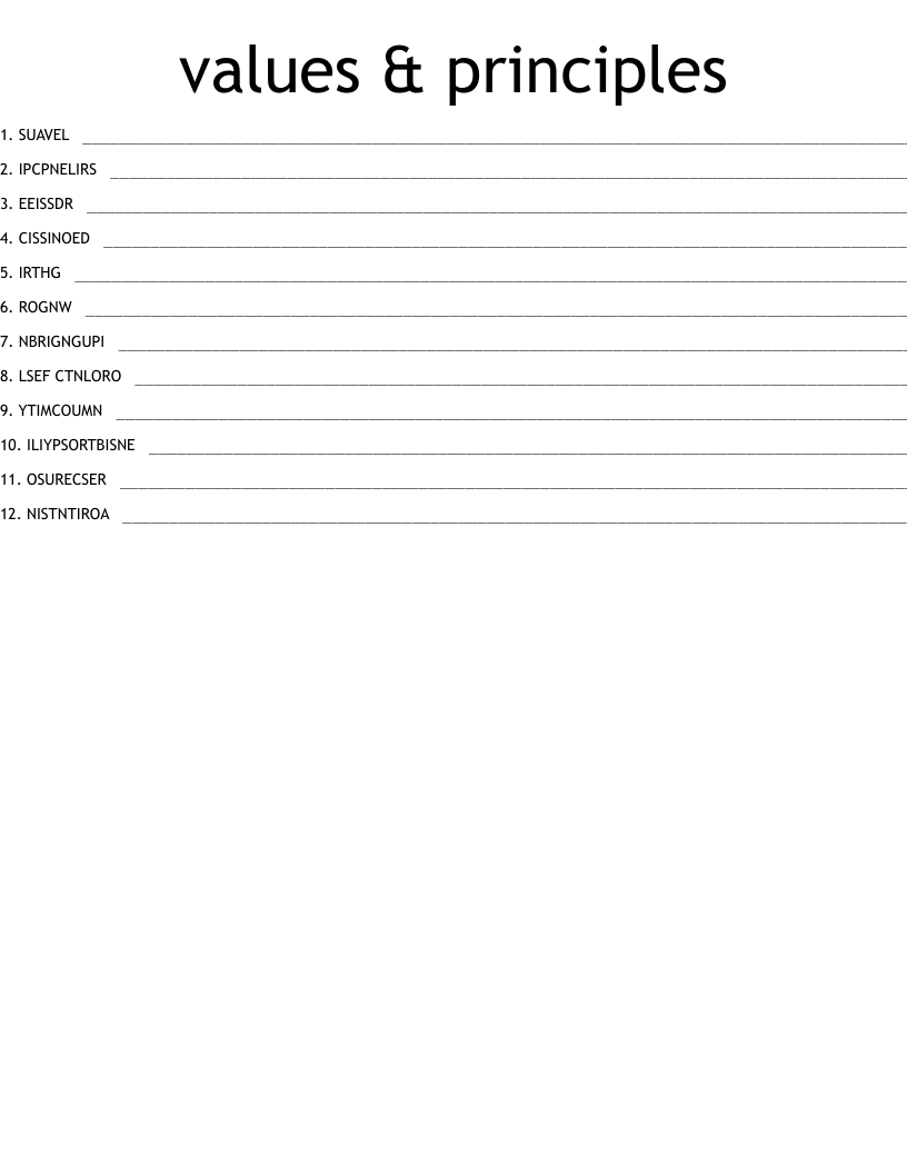 values & principles Word Scramble