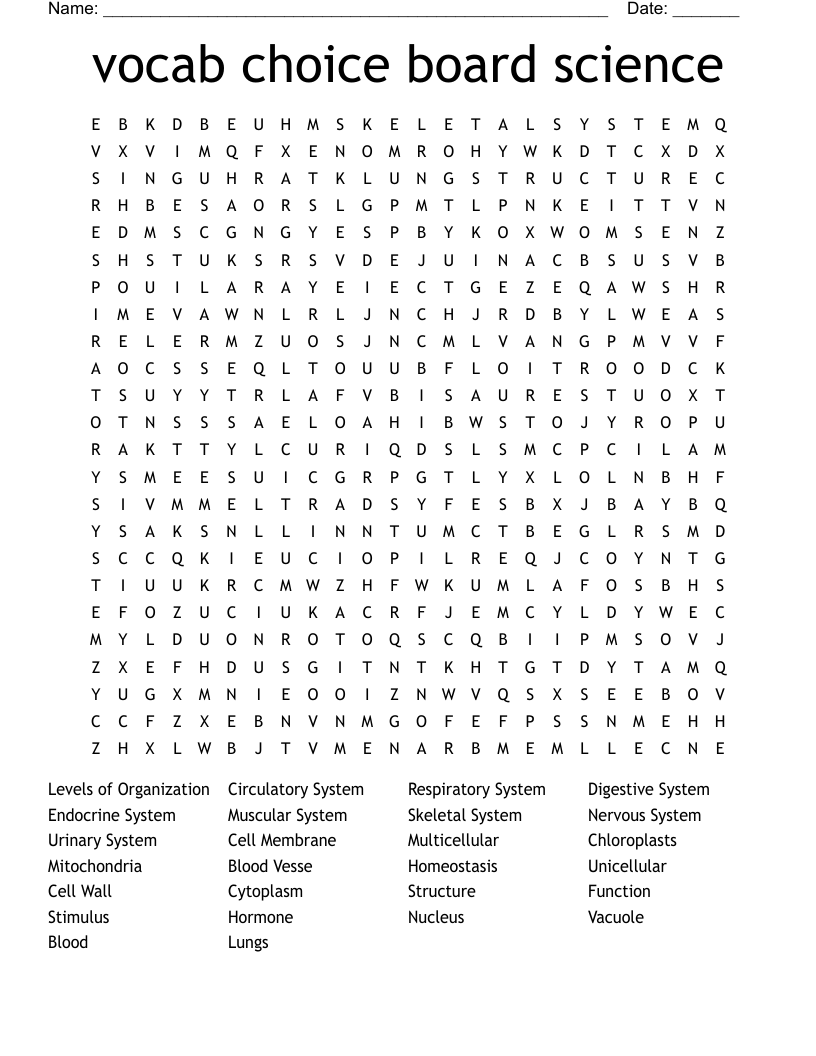 Vocab Choice Board Science Word Search WordMint