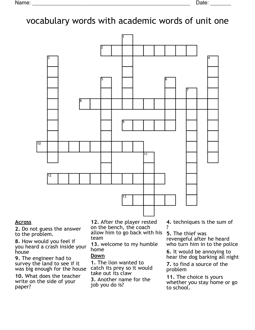 vocabulary words with academic words of unit one Crossword