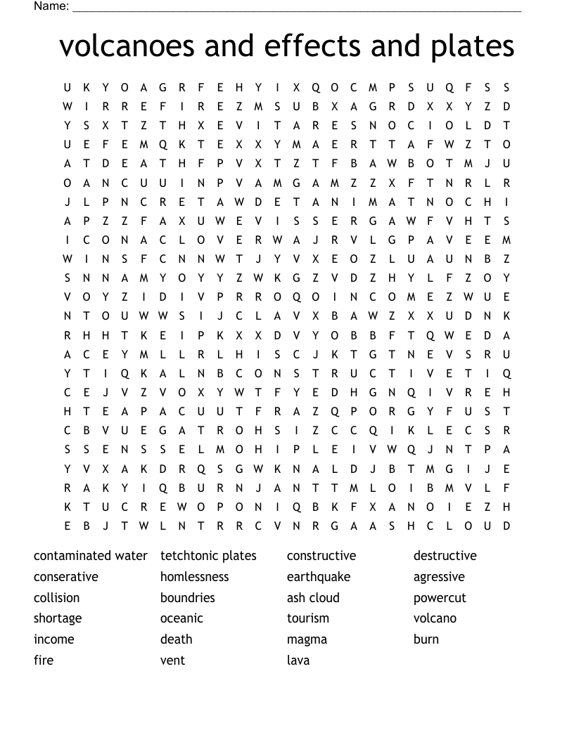 volcanoes and effects and plates Word Search