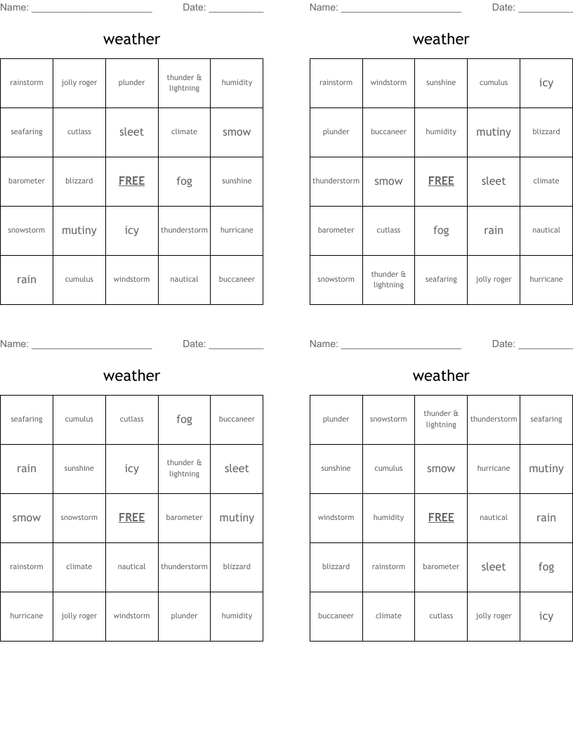 weather Bingo Cards